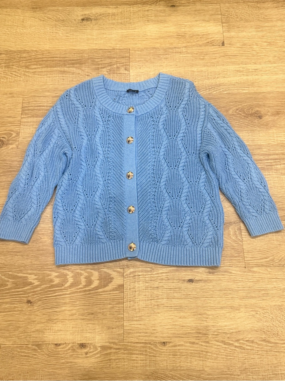 Talbots Light Blue Cable Knit Cotton Cardigan Sweater Gold Buttons Size Large